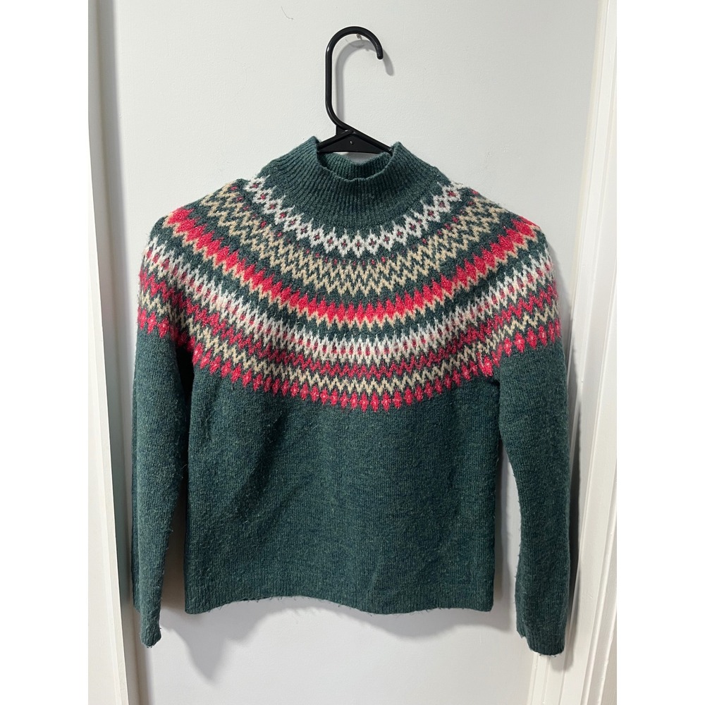 Kids Green Fair Isle Mock Neck Knit Sweater Pink White Pattern size 10